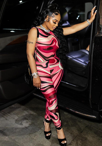Summer Women Sexy Round Neck Sleeveless Print See-Through Jumpsuit