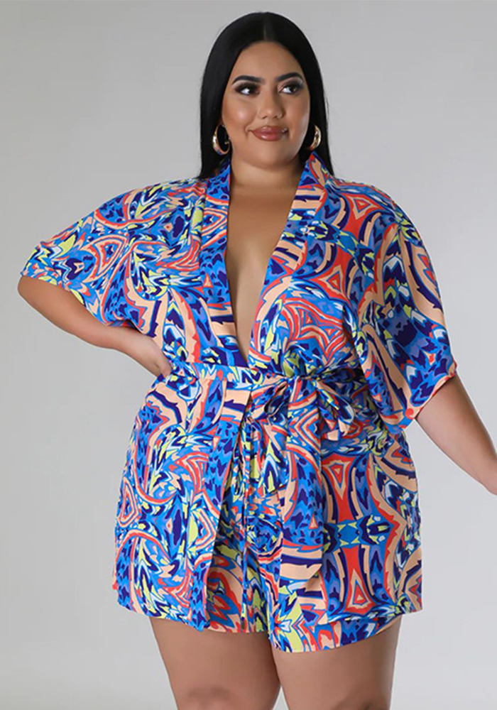Wholesale Summer Plus Size Loose Print Blouse Lace-Up Shorts Multi