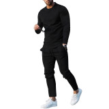 Men's Suit Spring and Autumn Two-Piece Set Round Neck Long Sleeve T-Shirt + Trousers Set