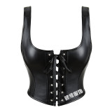 Camisole Leather Punk Corset Gothic Black Front Lace-Up Tummy Fitting Corset