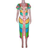 Printed women's v-neck Tight Fitting skirt dress ethnic style slit positioning pleated dress