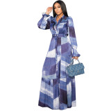 Women's Contrasting Color Long Sleeve Button Cardigan Long Dress with Belt
