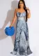 Sexy Ladies Denim Print Pin Embellished Backless Slip Maxi Dress