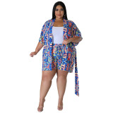 Summer Plus Size Loose Print Blouse Lace-Up Shorts Multi-Color Two-Piece Set