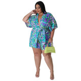Summer Plus Size Loose Print Blouse Lace-Up Shorts Multi-Color Two-Piece Set