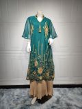 Fashion Mesh Embroidery Dress Tassel Patchwork Chiffon Pleated Fashion Muslim