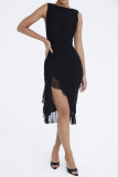 Women's Fashion Mesh Pleated Ruffle Irregular Mid Length Slim Low Back Sleeveless Dress