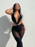 Sexy Low Back Jumpsuit Mesh See-Through Patchwork High Waist Tight Fitting Casual Jumpsuit