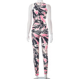 Women's Spring Summer Tight Fitting Ripped Print Tank Top Trousers Casual Two Piece Set