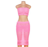 Summer Women's Knitting Strapless Top Slim Sexy Long Skirt Two Piece Set