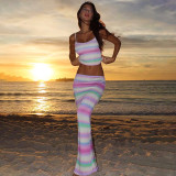 Women's Summer Sexy Crop Camisole Top Slim Print Maxi Skirt Two Piece Set