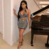Sexy diamond-encrusted deep V-wrapped chest strap two-piece skirt set