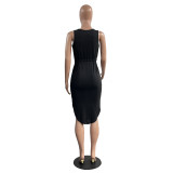Women's Fashion Solid Color V-Neck Strap Vest Dress Ruffle Hem Sexy Dress