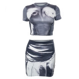 Women's Summer Street Print Tight Fitting Short Sleeve Top Skirt Set