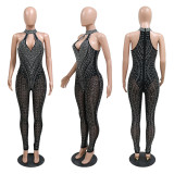 Sexy Cutout Beaded Sexy See-Through Zippered Jumpsuit Slim Fit Sleeveless Trousers