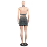 Sexy diamond-encrusted deep V-wrapped chest strap two-piece skirt set