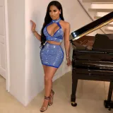 Sexy diamond-encrusted deep V-wrapped chest strap two-piece skirt set