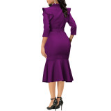 Sexy solid color ruffle dress for women