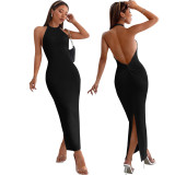 Sexy solid color pullover bare back women's dress
