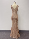 Women's Sleeveless Round Neck Luxury Rose Gold Party Dress Mermaid Glitter Long Plus Size Evening Gown