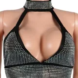 Sexy diamond-encrusted deep V-wrapped chest strap two-piece skirt set