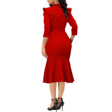 Sexy solid color ruffle dress for women