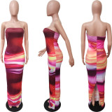 Women's Summer Sexy Off Shoulder Strapless Positioning Print Slit Dress