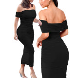 Women's Sexy Fashion Solid Off Shoulder Micro Ruffle Dress