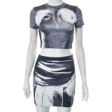 Women's Summer Street Print Tight Fitting Short Sleeve Top Skirt Set