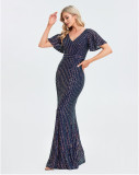 Short Sleeve Ruffle Elastic Maxi Dress Shiny Sequins Double V Neck Women's Floor-Member Mermaid Evening Gown
