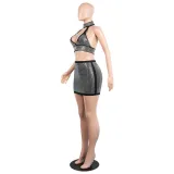 Sexy diamond-encrusted deep V-wrapped chest strap two-piece skirt set