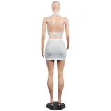 Sexy diamond-encrusted deep V-wrapped chest strap two-piece skirt set