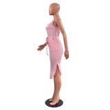 Women's Fashion Solid Color V-Neck Strap Vest Dress Ruffle Hem Sexy Dress