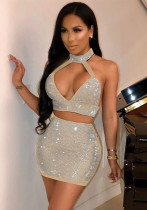Sexy diamond-encrusted deep V-wrapped chest strap two-piece skirt set