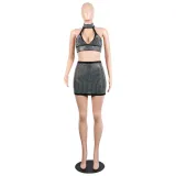 Sexy diamond-encrusted deep V-wrapped chest strap two-piece skirt set