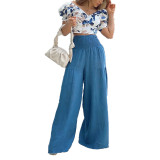 Women Summer Casual Print Puff Sleeve Crop Top Ruched Pants Two-Piece Set