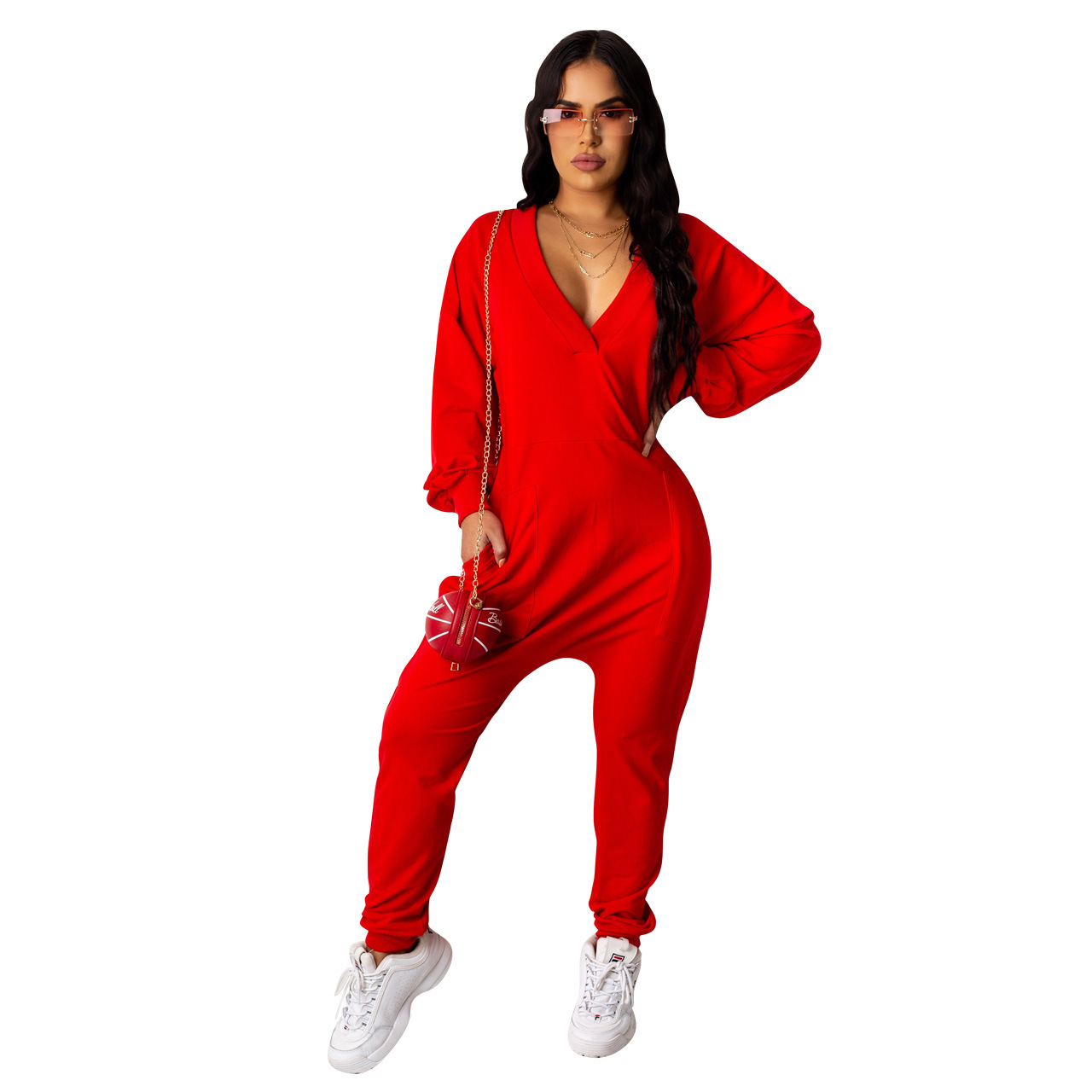 Solid Color Sexy Deep V Wrap Slit Wide Sleeve Jumpsuit Women One Piece  Trousers - The Little Connection