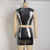 Women Summer Metallic Shiny Solid Round Neck Sleeveless Crop Top Bodycon Skirt Two-Piece Set