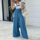 Women Summer Casual Print Puff Sleeve Crop Top Ruched Pants Two-Piece Set