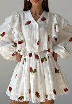 Women Ruffle Strawberry Print Long Sleeve Top and Skirt Two-Piece Set