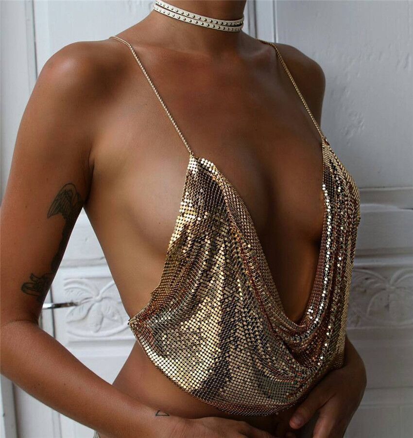 Women Sexy Sequin Backless Halter Neck Top - The Little Connection