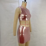 Women Summer Metallic Shiny Solid Round Neck Sleeveless Crop Top Bodycon Skirt Two-Piece Set