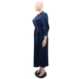 Women Long Sleeve Polo Neck Pleated Dress