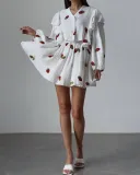 Women Ruffle Strawberry Print Long Sleeve Top and Skirt Two-Piece Set