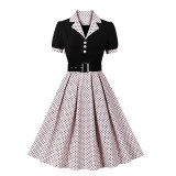 Women Polka Dot Turndown Collar Short Sleeve Belt Dress
