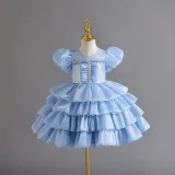 Girls Organza Puff Sleeve Cake Dress Children's Performance Birthday Fluffy Princess Dress