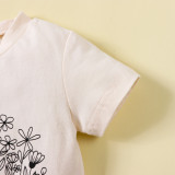 Girls Summer Cotton Flower Print Short Sleeve Top Bell Bottom Pants Set