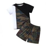 Boys Summer Black And White Camouflage Print Short-Sleeved T-Shirt Shorts Two-Piece Set For Children