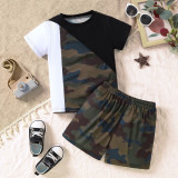 Boys Summer Black And White Camouflage Print Short-Sleeved T-Shirt Shorts Two-Piece Set For Children