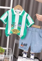 Children's Summer Casual Vertical Stripe Turndown Collar Short Sleeve Boys Polo Shirt Shorts Baby Summer Fashion Two Piece Set